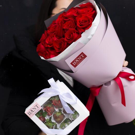 15 красных роз + 9шт клубники в шоколаде