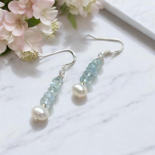 925 sterling silver Aquamarine and pearl March birthstone earrings