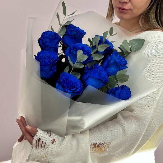 Букет Синих Роз с Эвкалиптом 9 шт