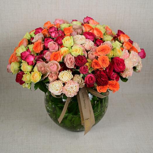 51 Mixed Flower Roses in a Fish Bowl