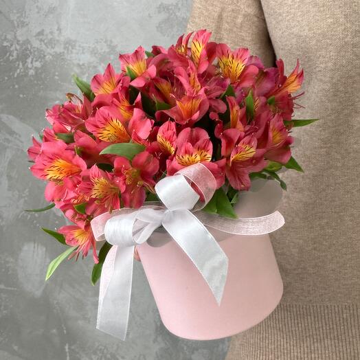 Розовая альстромерия в шляпной коробке 💕
