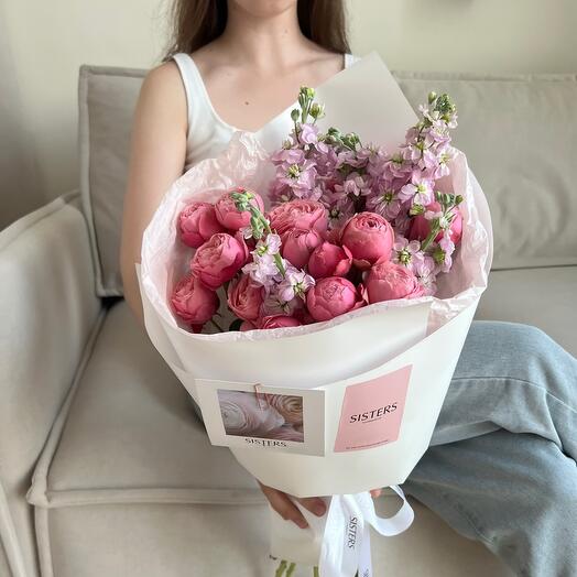 Bouquet of bushy peony rose and fragrant mattiola