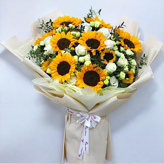 Sunshine Bliss: Vibrant Sunflower   White Rose Bouquet