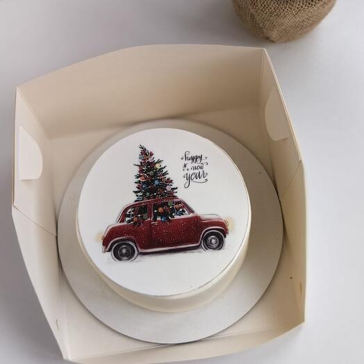 Бенто торт новогодний с машиной на новый год 2026, торт в подарок на новый год машина с ёлкой, торт happy new year