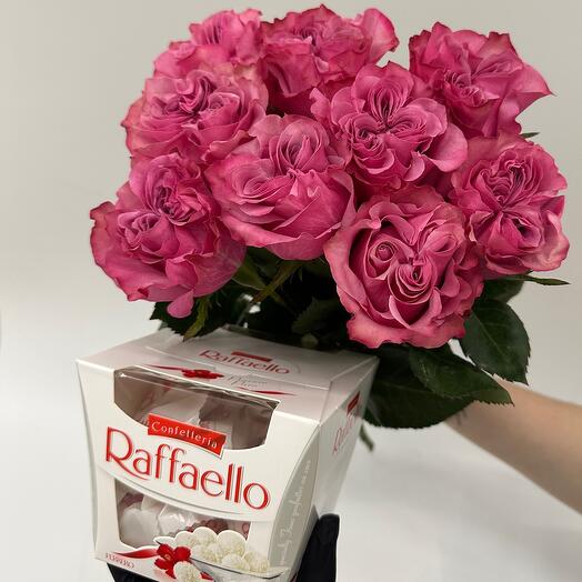 🔥ХИТ🔥КОМБО🔥 Букет из 9 крупных розовых пионовидных роз Сорт Кантри Блюз: Эквадор Премиум + Коробка конфет Раффаэлло ️🔥🔝