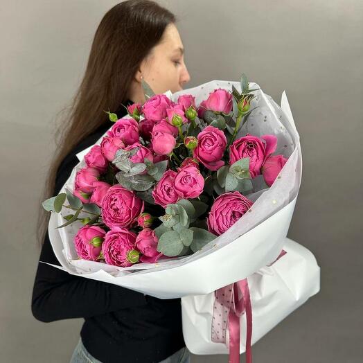 Bouquet with a bush (peony.) rose and eucalyptus