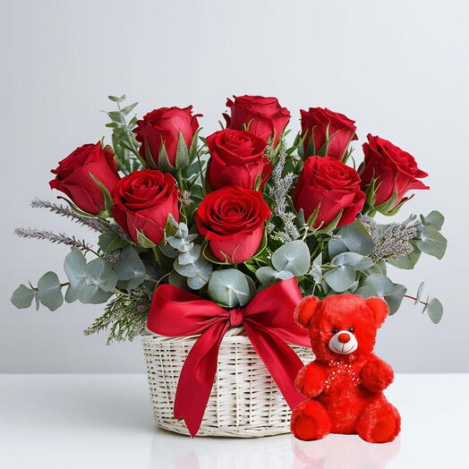 Valentines Red Roses Basket and Teddy Bear Combo