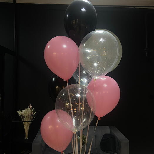 Balls black pink silver, 9 pieces