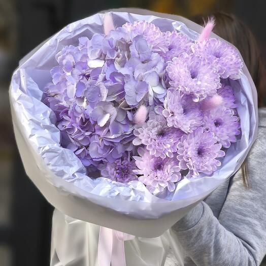 Букет из гортензии, хризантем и лагуруса💜