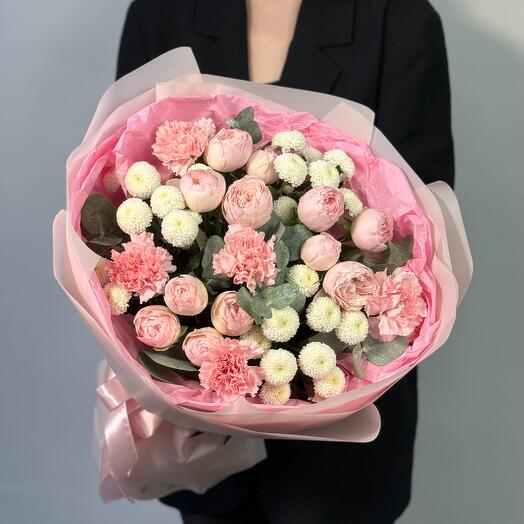Pink bouquet with peony-shaped roses, spray chrysanthemum and dianthus