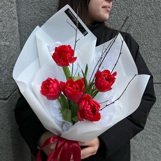 Моно букет в крафтовом пакете: пионовидный красный тюльпан 5 шт, береза
