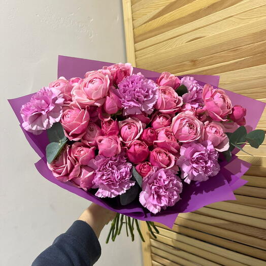 Роза Пинк пионовидная Силва и диантус 💞🌿