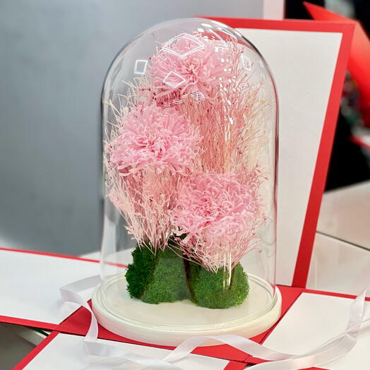 «Розовая симфония» эксклюзивная композиция из стабилизированных хризантем и растений- живет 5 лет! 32 см