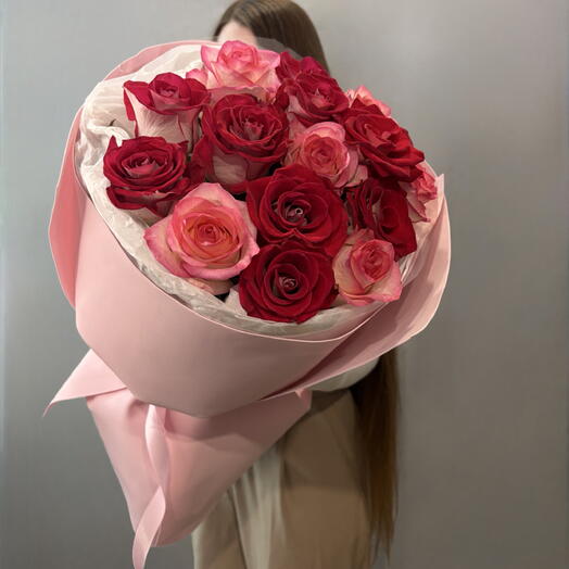 Большой букет | Красные и Розовые Розы 💕 15 штук