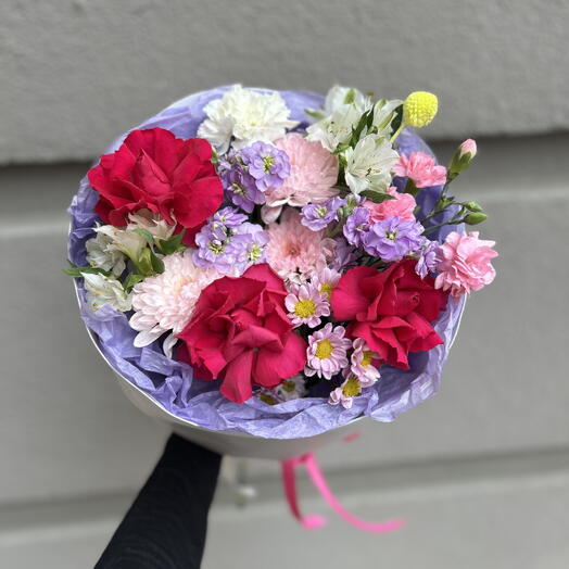 Букет «Сладкая малина»🍓🍒 Розы, альстромерия, хризантема, маттиола 💕💗💜