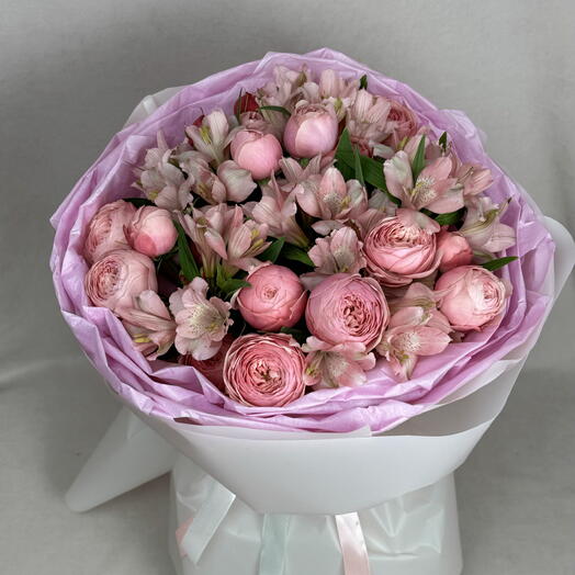 Розы Сильва пинк с альстромериями🎀💕