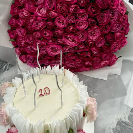 Pink roses with a nice cake