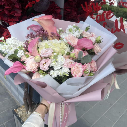 Букет «Розовый фарфор»💞с каллами и гортензией