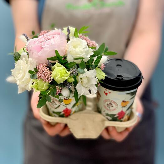 Composition with peony and delicious cappuccino
