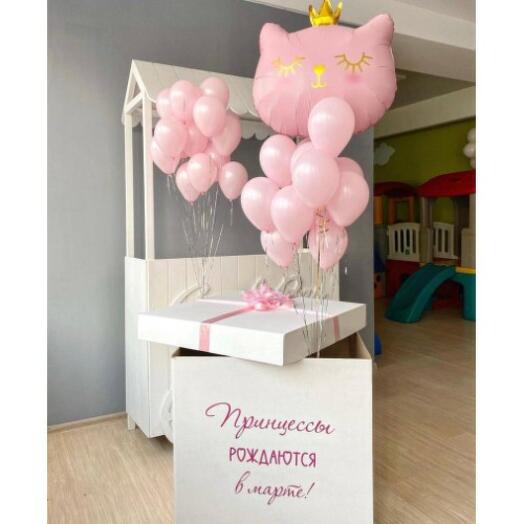 Коробка-сюрприз Котик в короне с любой надписью и 31 шар