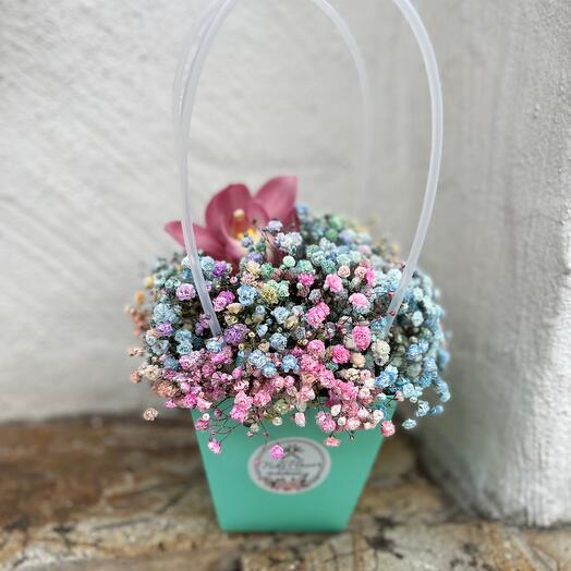 Floral handbag with rainbow gypsophila Tenderness