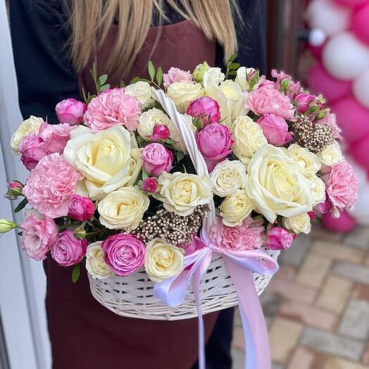 Basket with peony bush roses Misty bubbles and avalanche
