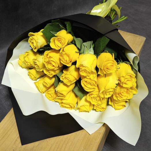 25 branded yellow roses in stylish packaging