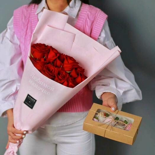 11 rosas y una Caja de fresas