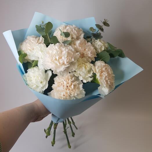 Bouquet with cream and white dianthus/carnation and eucalyptus