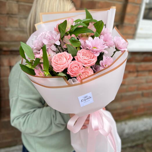 Bouquet of chrysanthemums, alstroemeria and peony-shaped bush roses