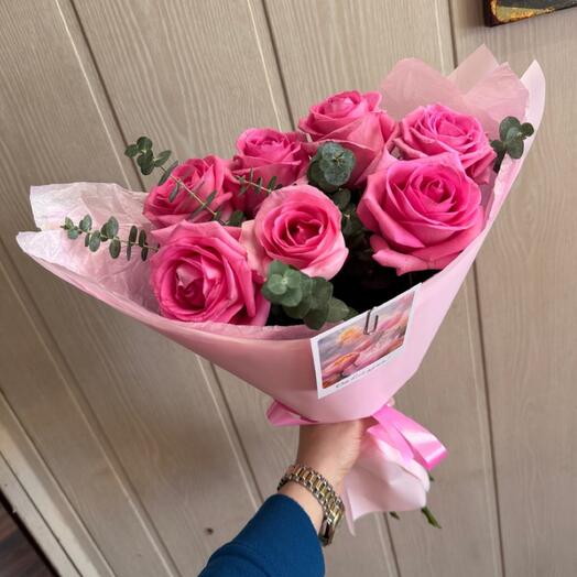 Bouquet of pink roses with eucalyptus