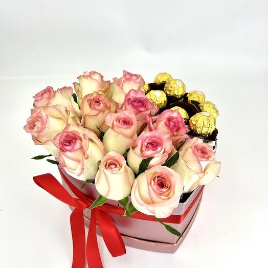 Roses in a box with sweets "Velvet Heart"