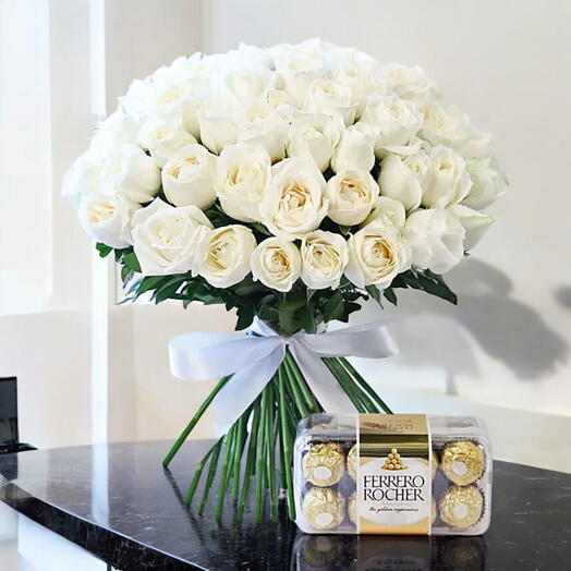 White Roses Bunch and Ferrero Rocher