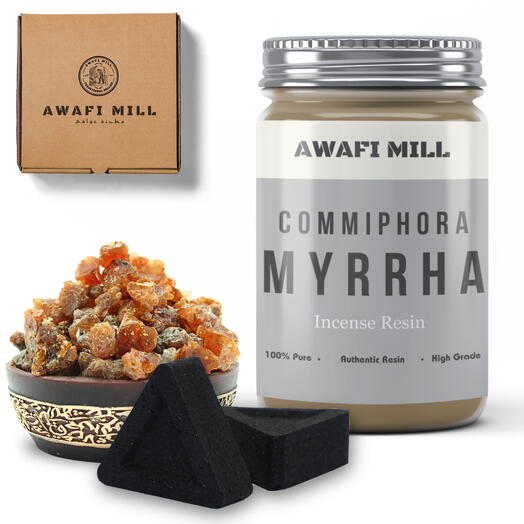 AWAFI MILL Myrrh Resin Incense | Triangle Charcoal Tablet - Bottle of 100 Gram with 20 Charcoal Piece