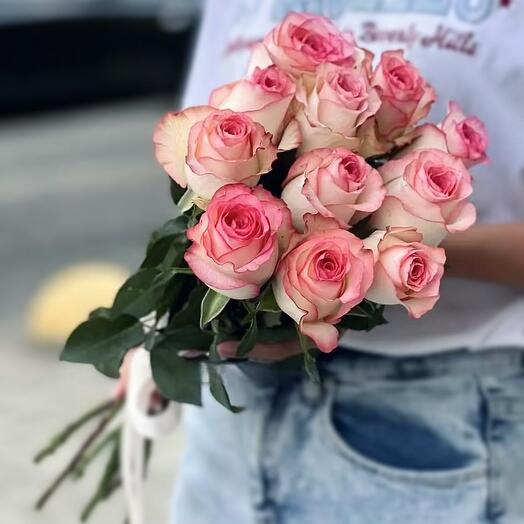 11 pink Jumilia roses in a ribbon