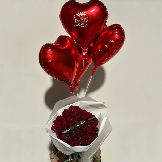 50 red roses (small button) + 4 baloons