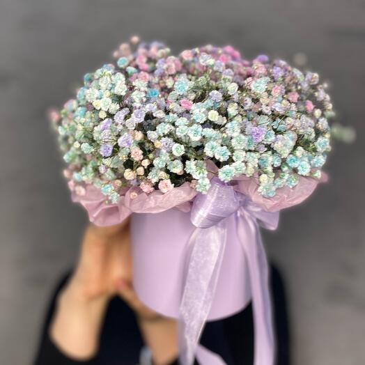Цветная гипсофила в шляпной коробке