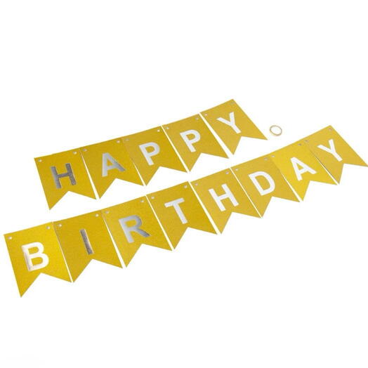 Garland stretching Happy BIRTHDAY gold. Paper banner HAPPY BIRTHDAY gold