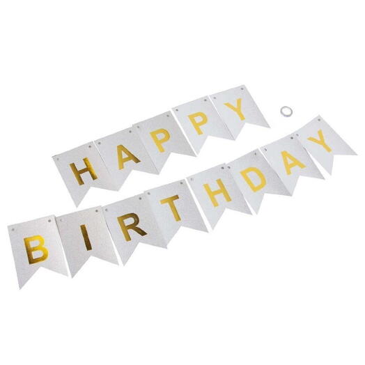 Garland stretching Happy BIRTHDAY silver glitter gold letters. Paper banner silver with gold letters