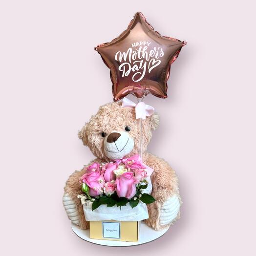 Mothers Day Flowers and Teddy - Mothers Day Pink - Pink Roses - Custom Printed Balloon