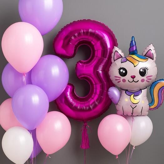 🎈 Набор шаров на 3 года – с фольгированной цифрой и кошечкой-единорогом