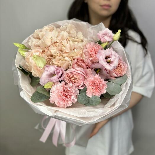 Bouquet of pink flowers (Hydrangea, Eustoma, Peony-like Rose)
