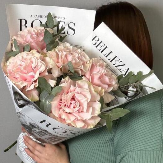 Pink French roses with eucalyptus. VKF57