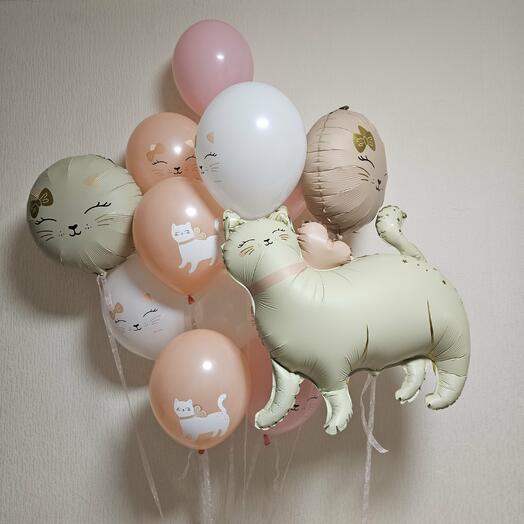 Воздушные шары с котиками,котятами,кошками фигура кошечка с бантом бежевая сатин-13 шаров