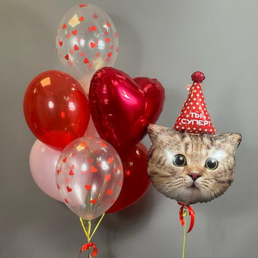 Набор воздушных шаров на день рождения, котик в колпаке, красные, розовые шарики