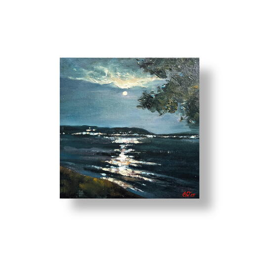 Картина маслом ночной пейзаж с морской бухтой. Малый формат