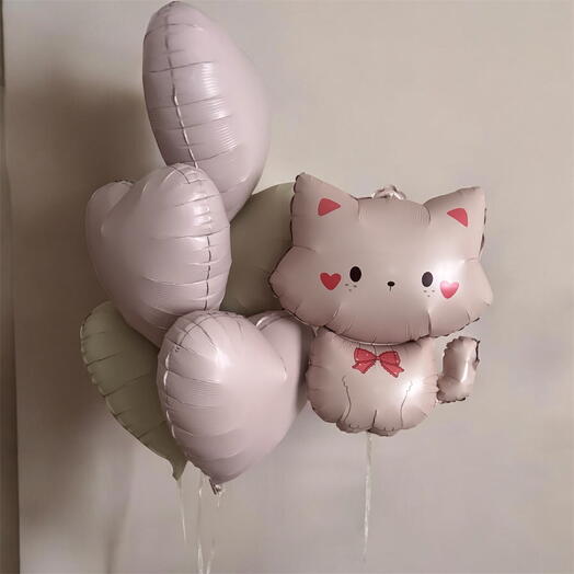 Воздушный шар котенок и 5 сердец на день рождения девочке, девушке, сестре, оформление на выписку девочки