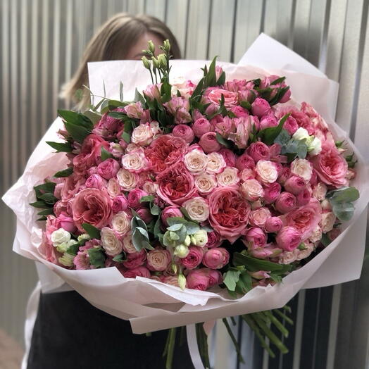 Букет Впечатление Гранд 🔥 из пионовидных одноголовых и кустовых роз, альстромерии , эвкалипта