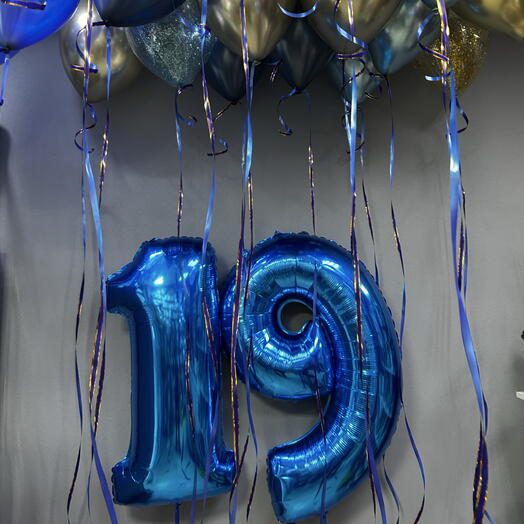 Шарики на 19 лет, синие, золотые, шары парню