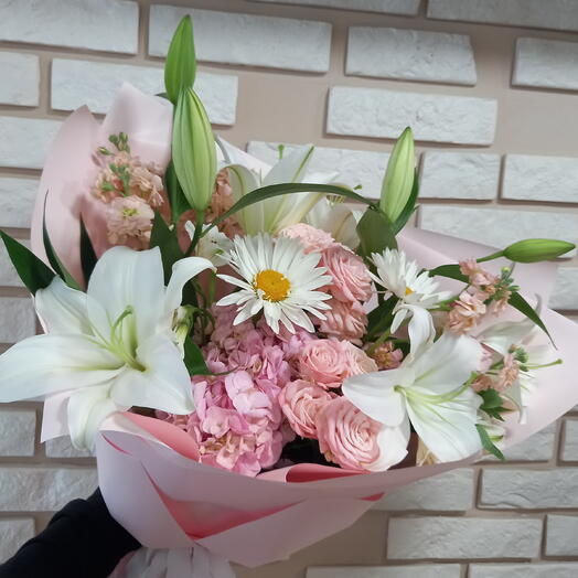 Авторский букет/ Розовый букет/ лилия/ роза кустовая/ гортензия/маттиола/ цветы уфа/ букет уфа